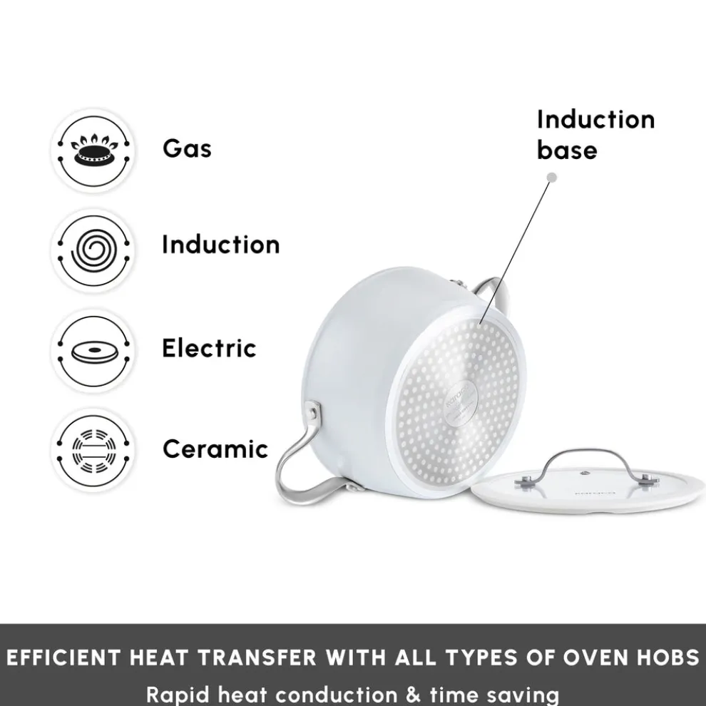 Karaca Swiss Crystal Almond Cream Non-Stick Induction Stainless Steel Handle Casserole & Lid, 18cm, Cream