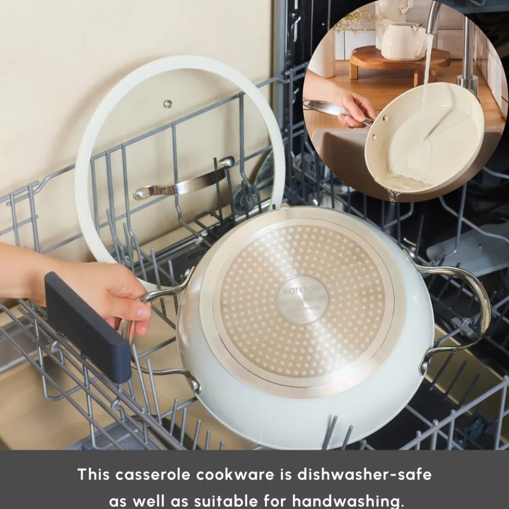 Karaca Swiss Crystal Almond Cream Non-Stick Induction Stainless Steel Handle Casserole & Lid, 18cm, Cream