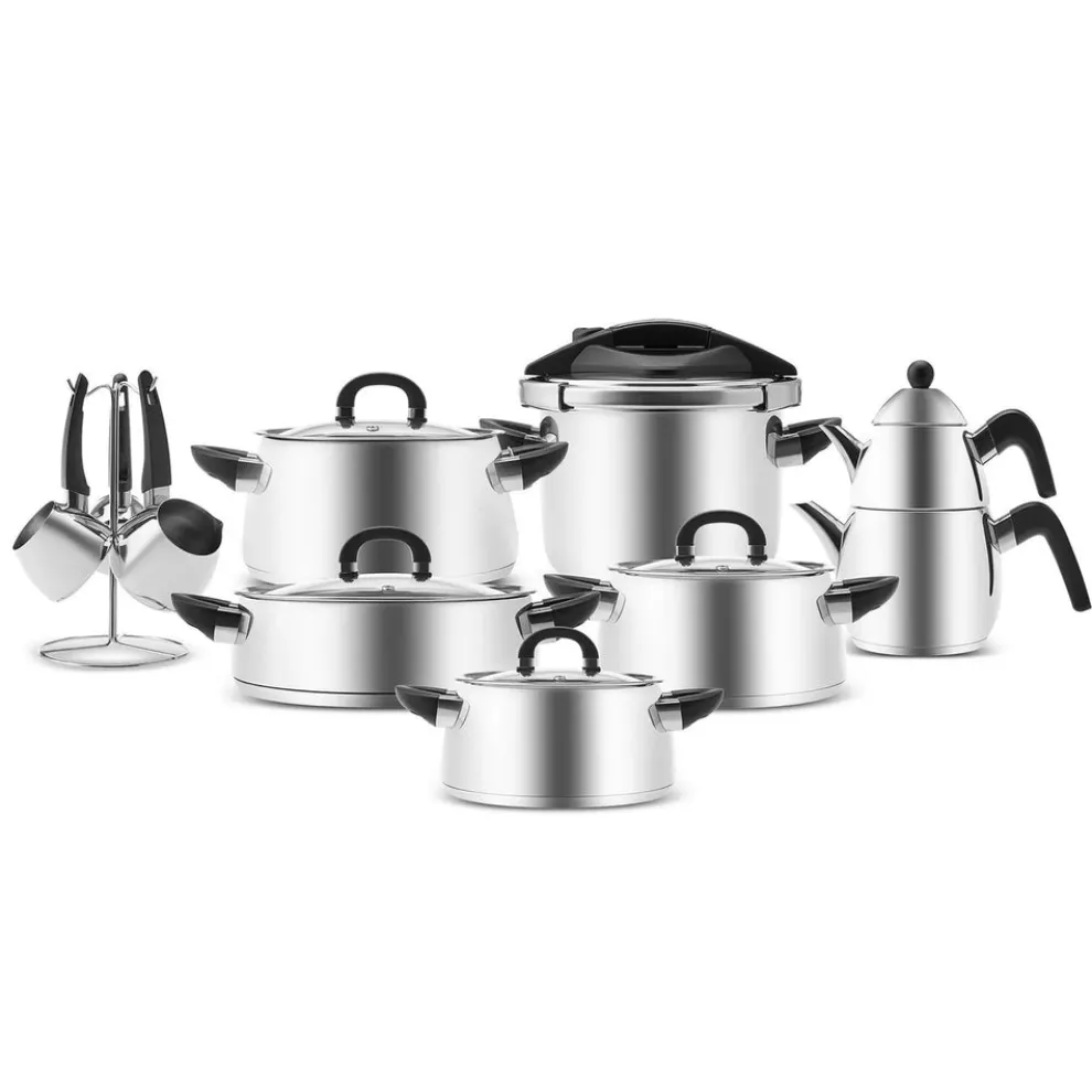 Karaca Tokyo PowerSteel 17-Piece 316+ Stainless Steel Induction Cookware Set with Teapot and Coffee Pots, Silver Black