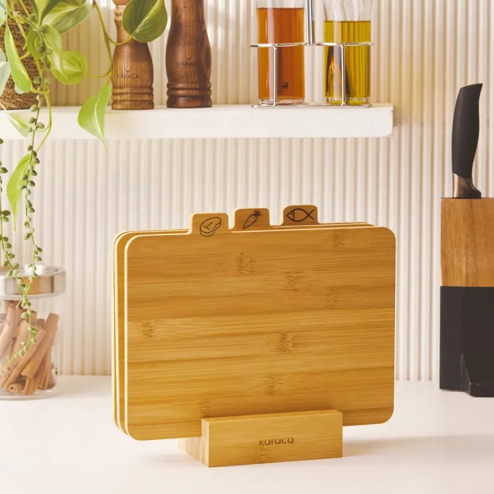 Karaca Triple 4-Piece Bamboo Chopping Board Set with Stand, Wood
