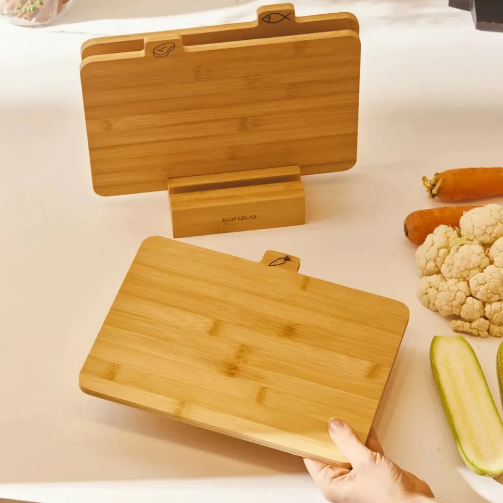 Karaca Triple 4-Piece Bamboo Chopping Board Set with Stand, Wood