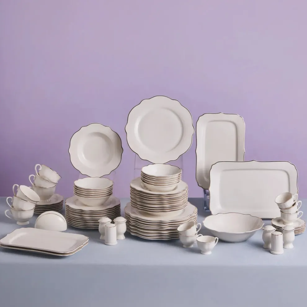 Karaca Vera 84-Piece Porcelain Dinner Set for 12 People, White Gold