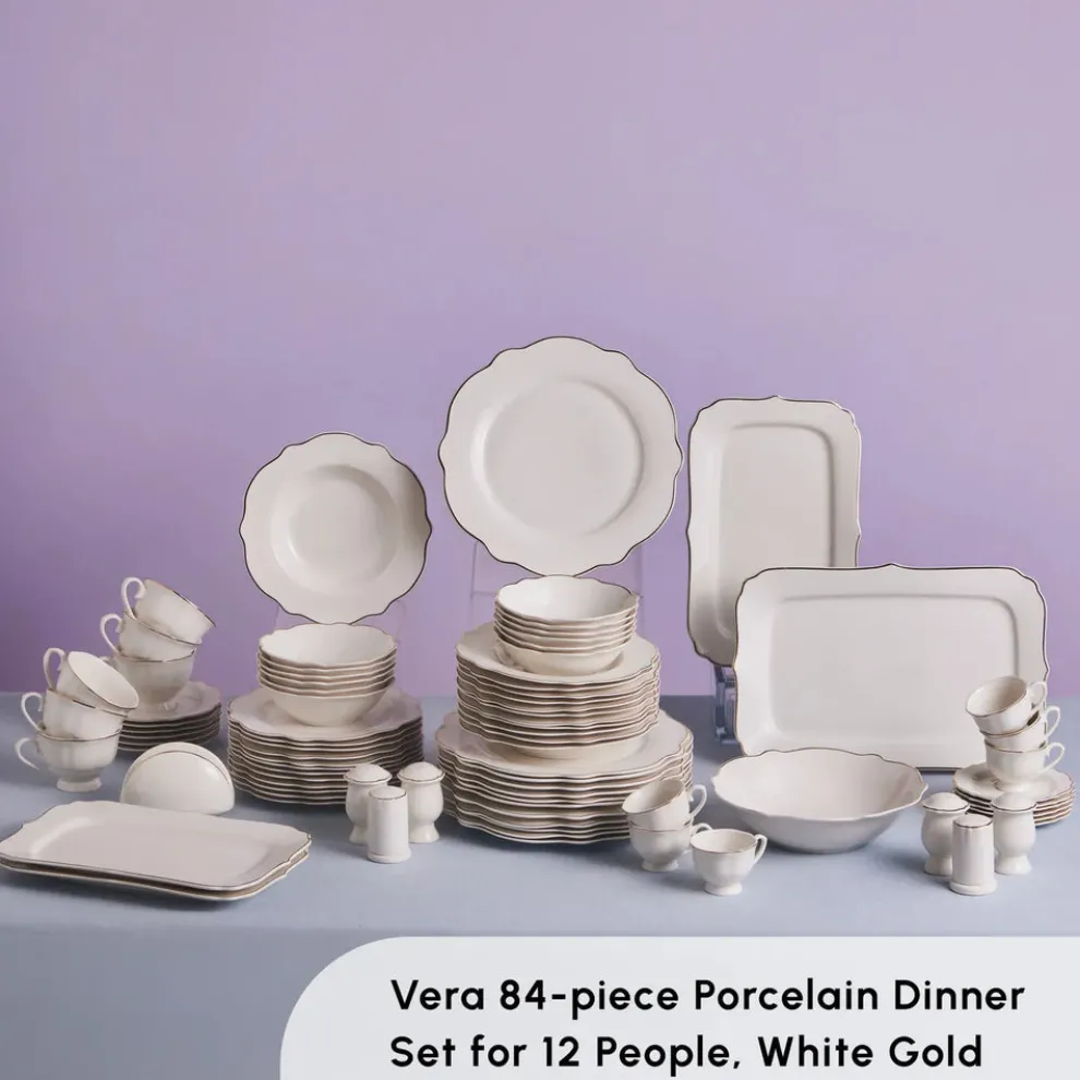 Karaca Vera 84-Piece Porcelain Dinner Set for 12 People, White Gold