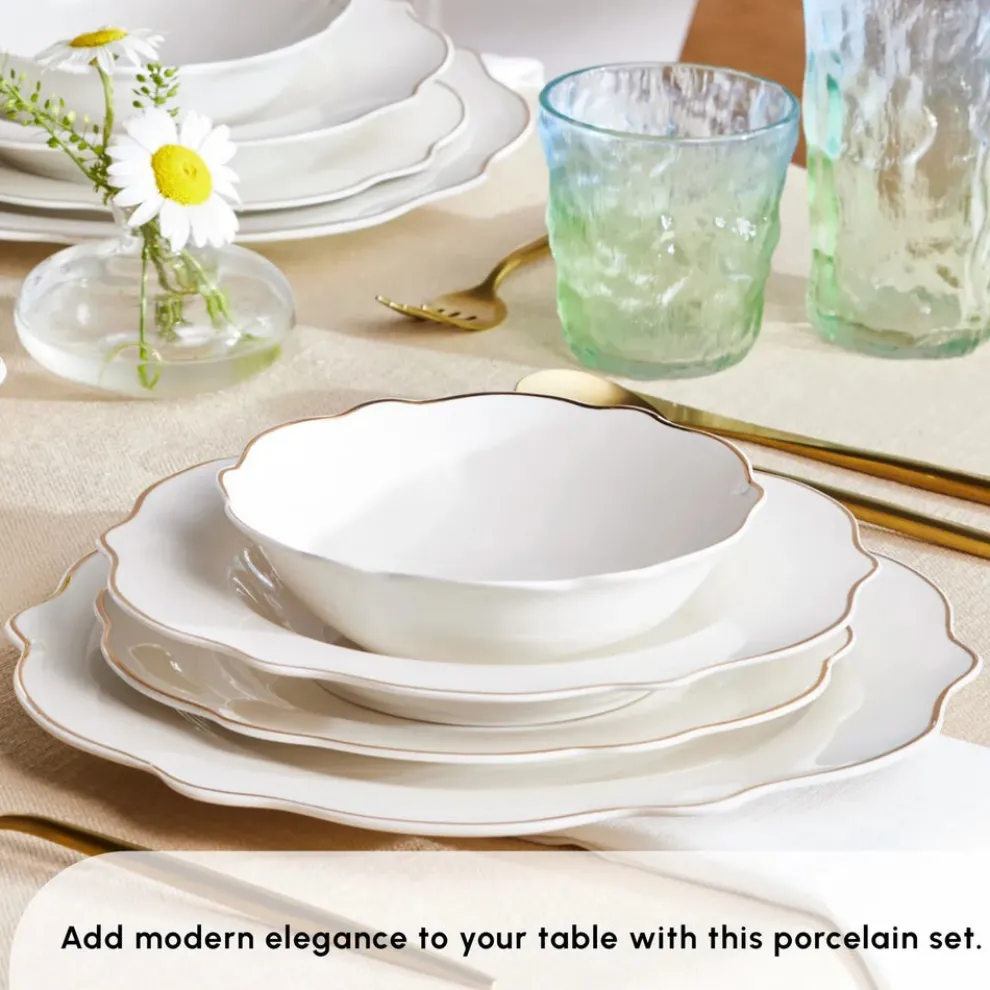 Karaca Vera 84-Piece Porcelain Dinner Set for 12 People, White Gold