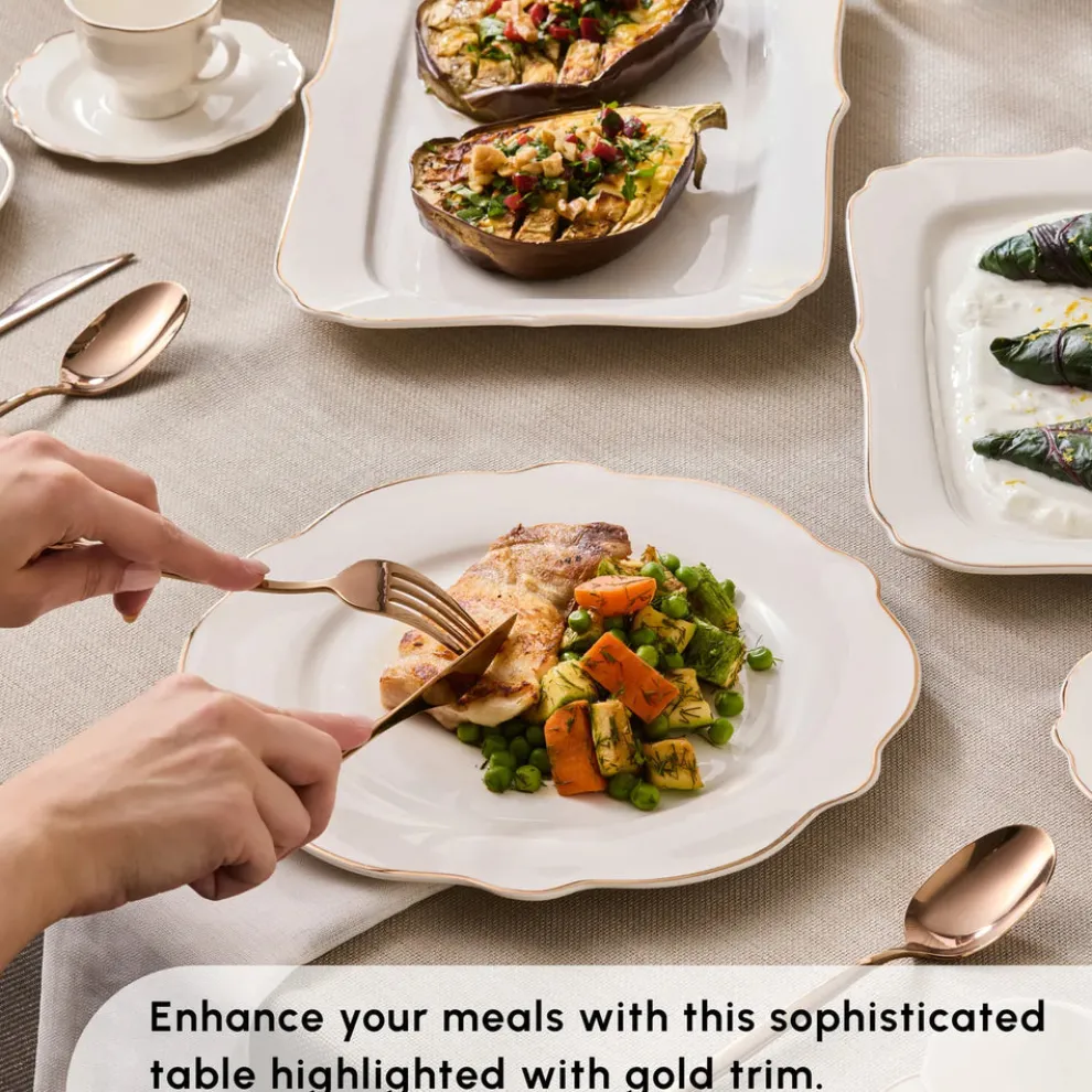 Karaca Vera 84-Piece Porcelain Dinner Set for 12 People, White Gold