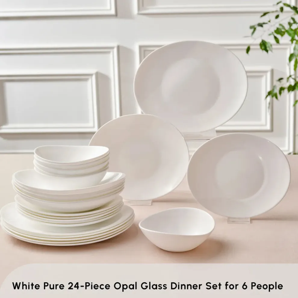 Karaca White Pure 24-Piece Glass Dinner Set for 6 People, White