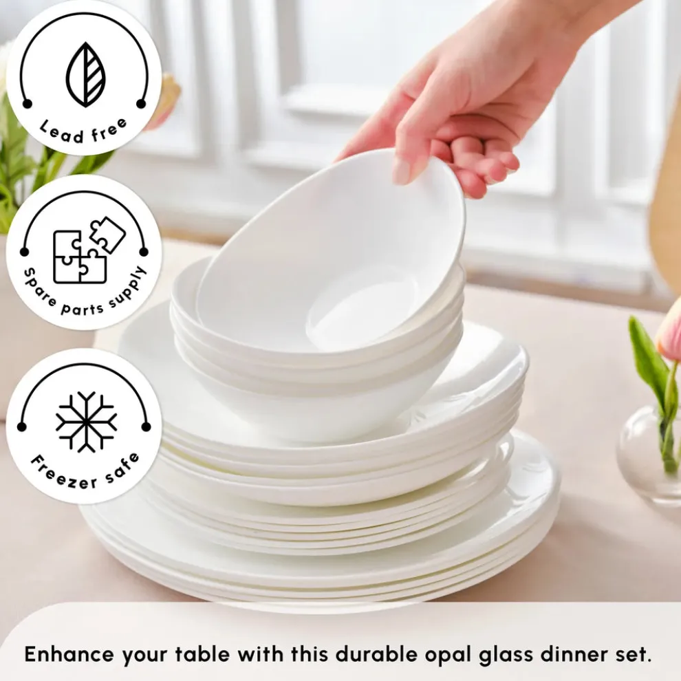 Karaca White Pure 24-Piece Glass Dinner Set for 6 People, White