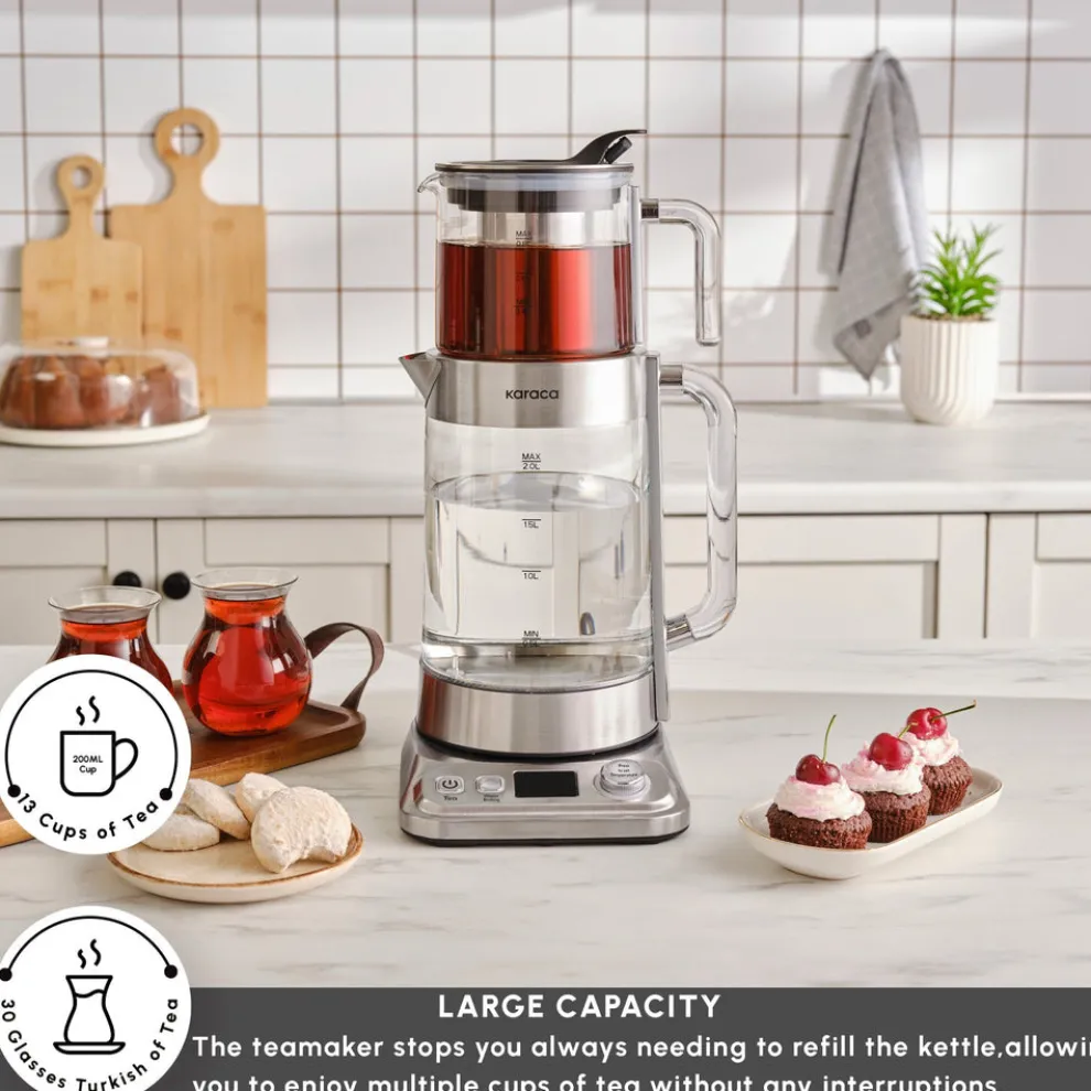 Karaca x by Refika XL Glass Tea Maker and Kettle, 2200W, 2,8L, Inox