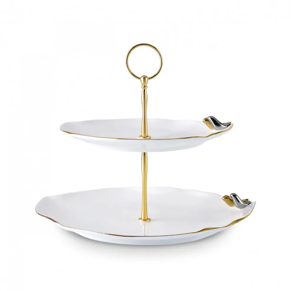 Karaca X Müge Anlı Bone China 2-Tier Cake Stand, 27cm, Gold White