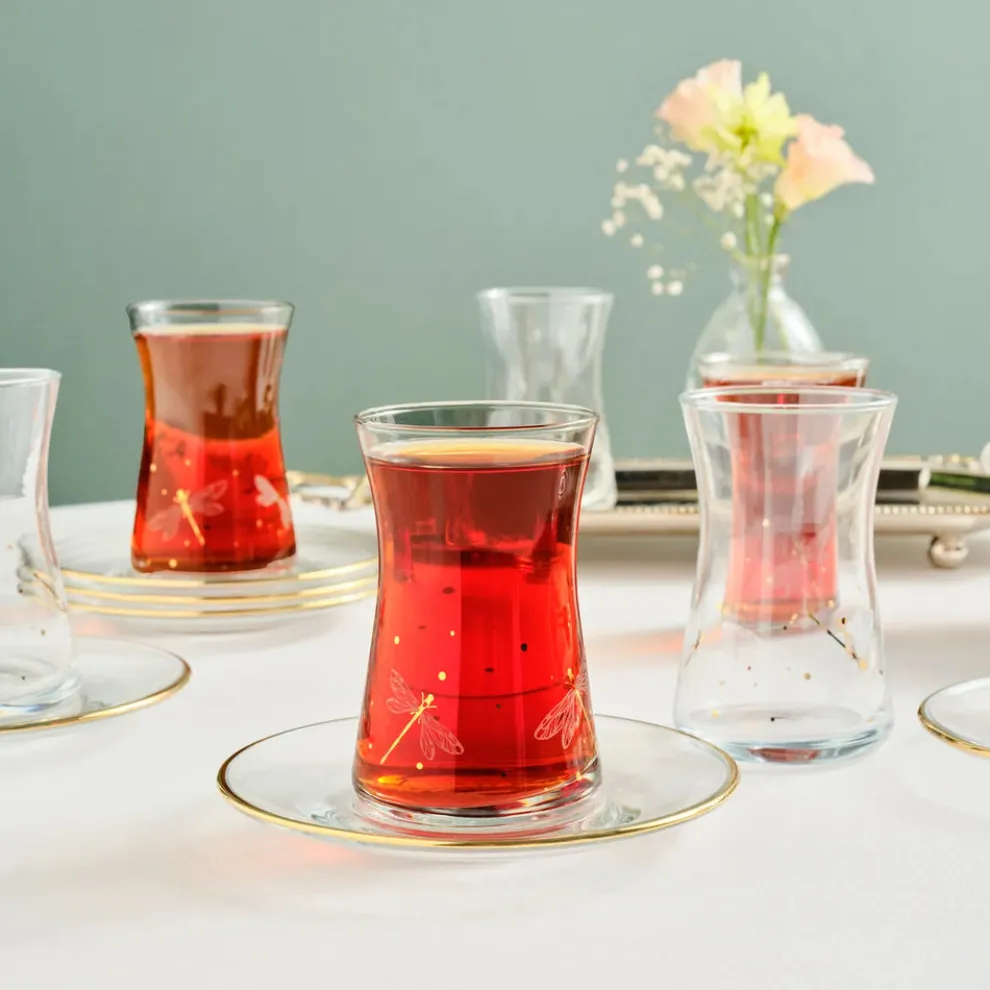 Karaca Yusufçuk 12-Piece Glass Turkish Tea Set for 6 People, 170ml, Gold