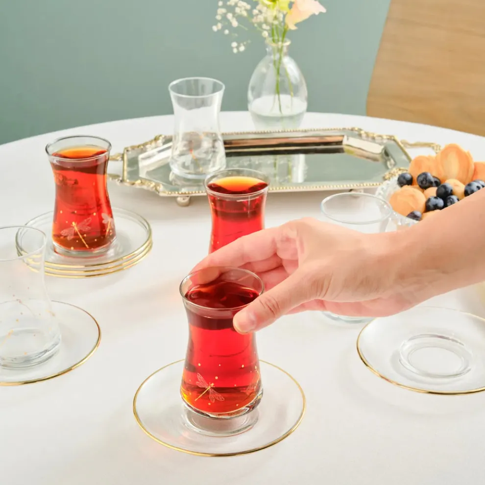 Karaca Yusufçuk 12-Piece Glass Turkish Tea Set for 6 People, 170ml, Gold