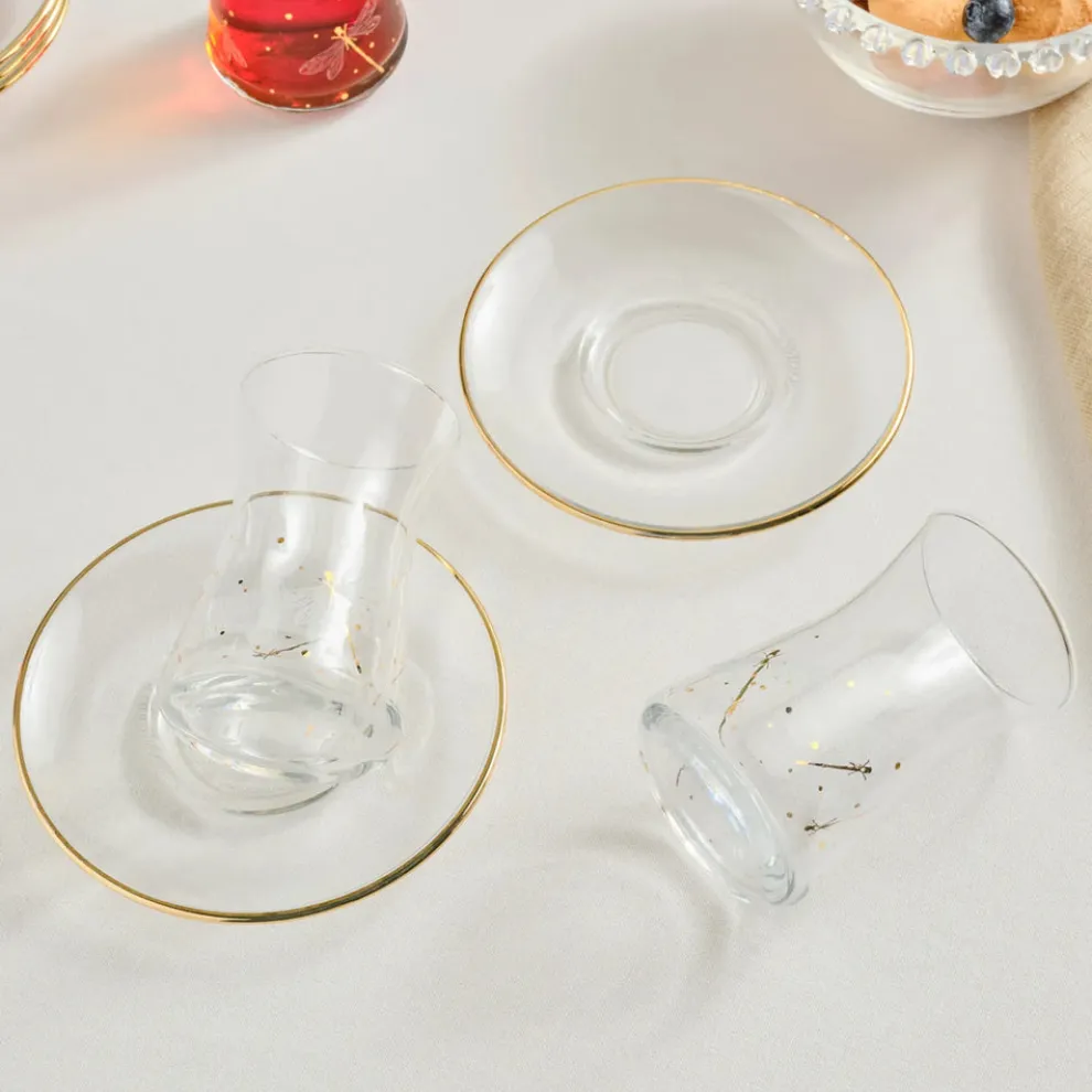 Karaca Yusufçuk 12-Piece Glass Turkish Tea Set for 6 People, 170ml, Gold