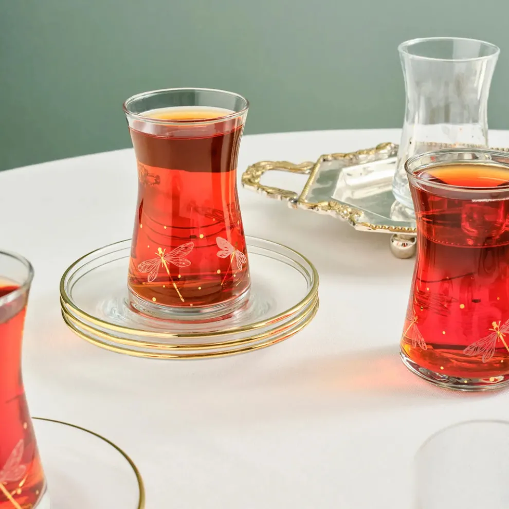Karaca Yusufçuk 12-Piece Glass Turkish Tea Set for 6 People, 170ml, Gold