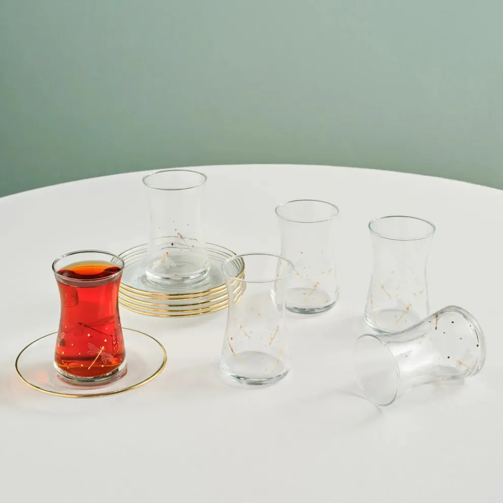 Karaca Yusufçuk 12-Piece Glass Turkish Tea Set for 6 People, 170ml, Gold
