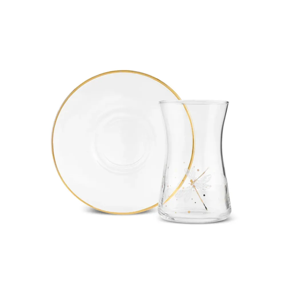 Karaca Yusufçuk 12-Piece Glass Turkish Tea Set for 6 People, 170ml, Gold