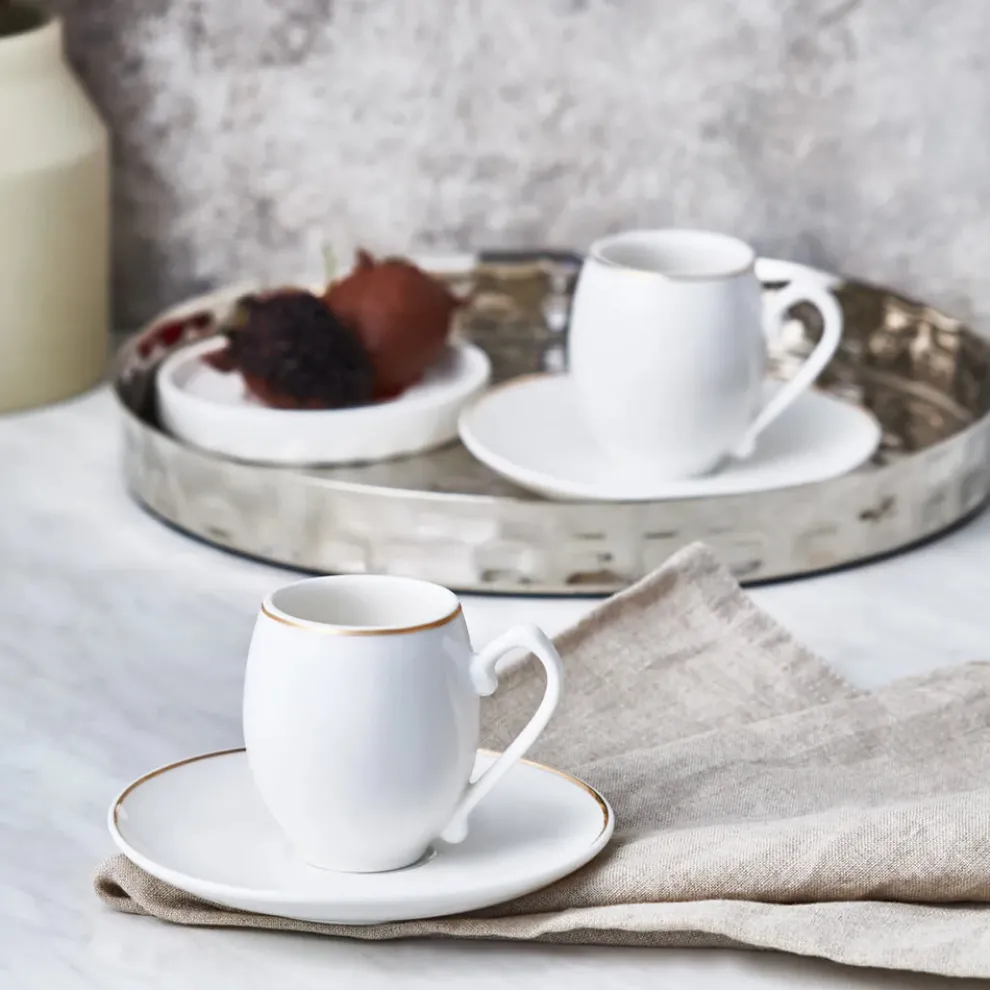 Karaca İznik 4 Piece Porcelain Espresso Turkish Coffee Cup Set for 2 People, 90ml, White Gold