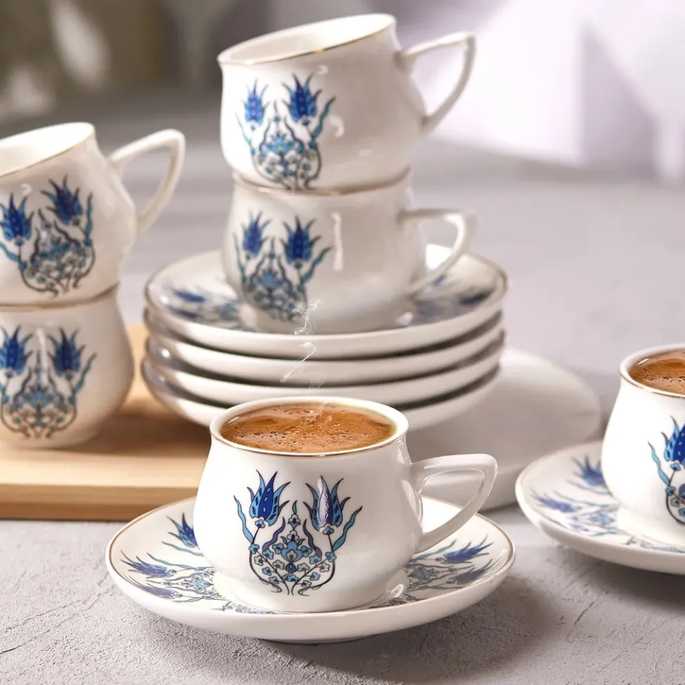 Karaca İznik 12-Piece Porcelain Espresso Turkish Coffee Cup Set for 6 People, 100ml, Multi