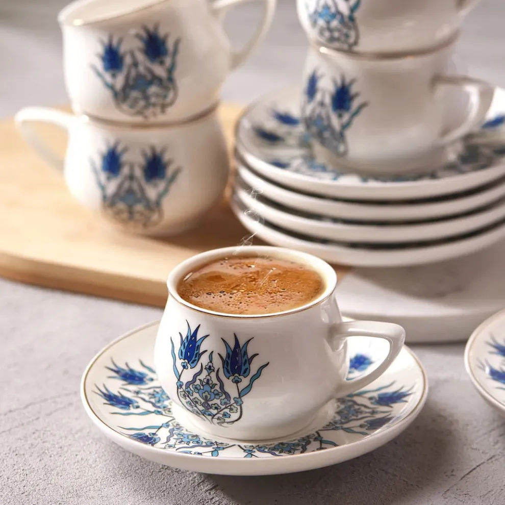 Karaca İznik 12-Piece Porcelain Espresso Turkish Coffee Cup Set for 6 People, 100ml, Multi
