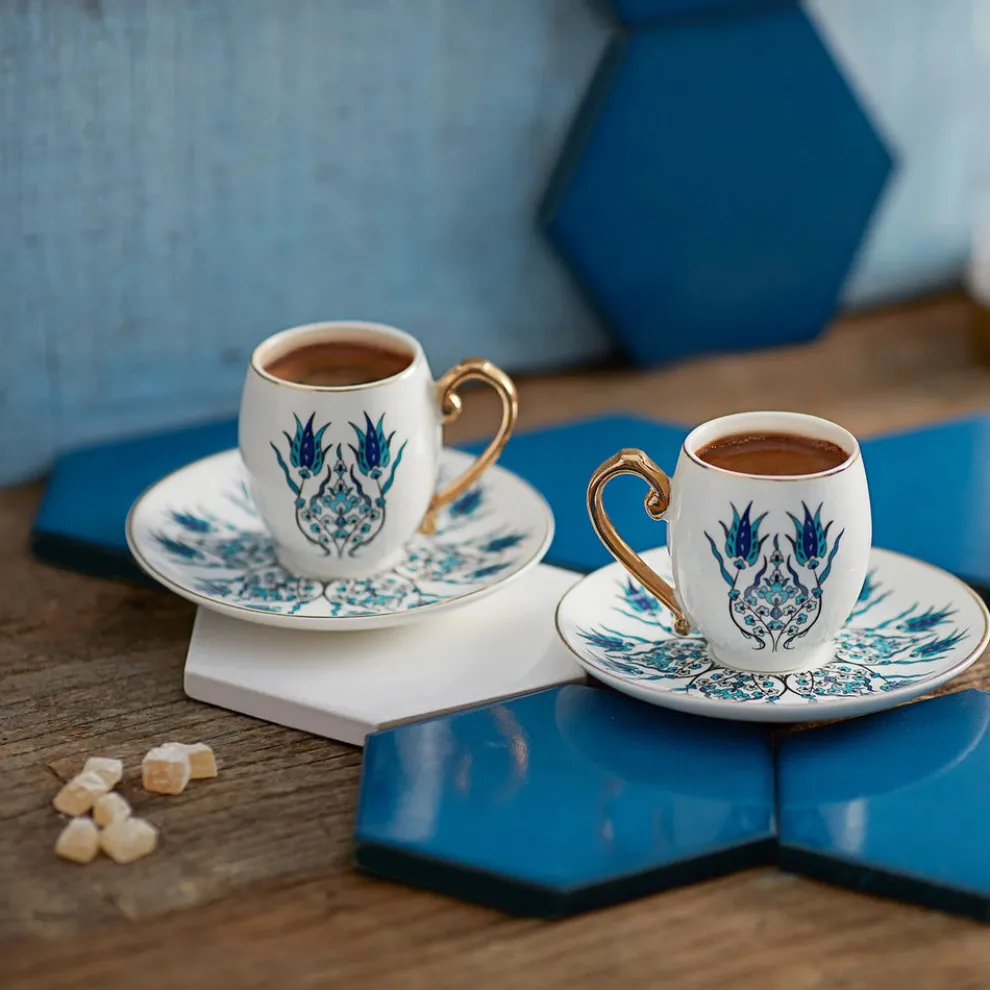 Karaca İznik 4-Piece Porcelain Espresso Turkish Coffee Cup Set for 2 People, 80ml, White Blue