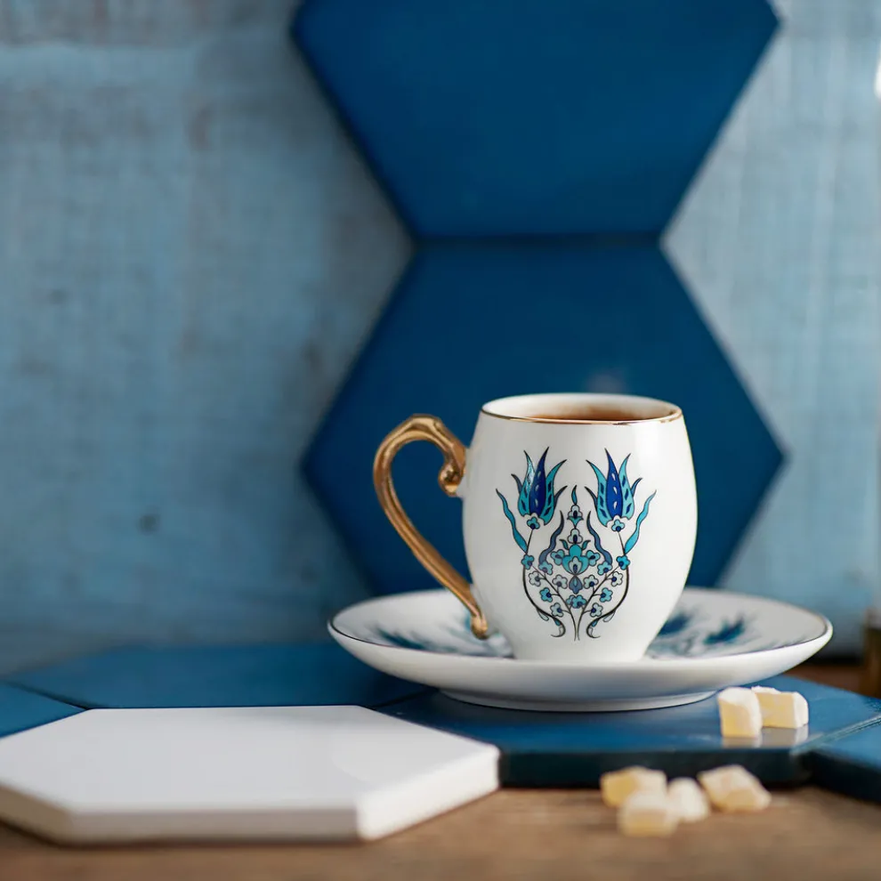 Karaca İznik 4-Piece Porcelain Espresso Turkish Coffee Cup Set for 2 People, 80ml, White Blue