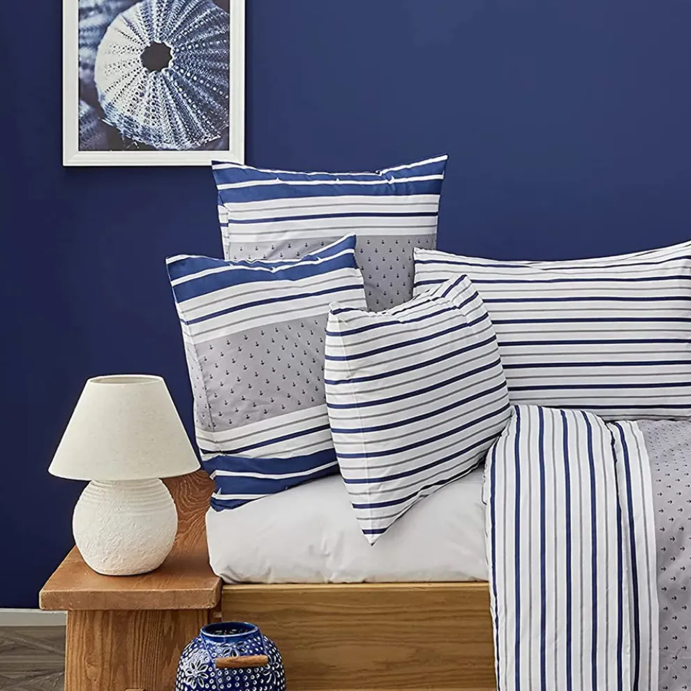 Nautica Home Bornea 100% Cotton Duvet Cover Set, Double, 200cmx200cm, Navy Blue White