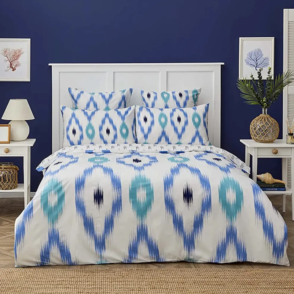 Nautica Home Ikat 100% Cotton Duvet Cover Set, Double, 200cmx200cm, White Blue