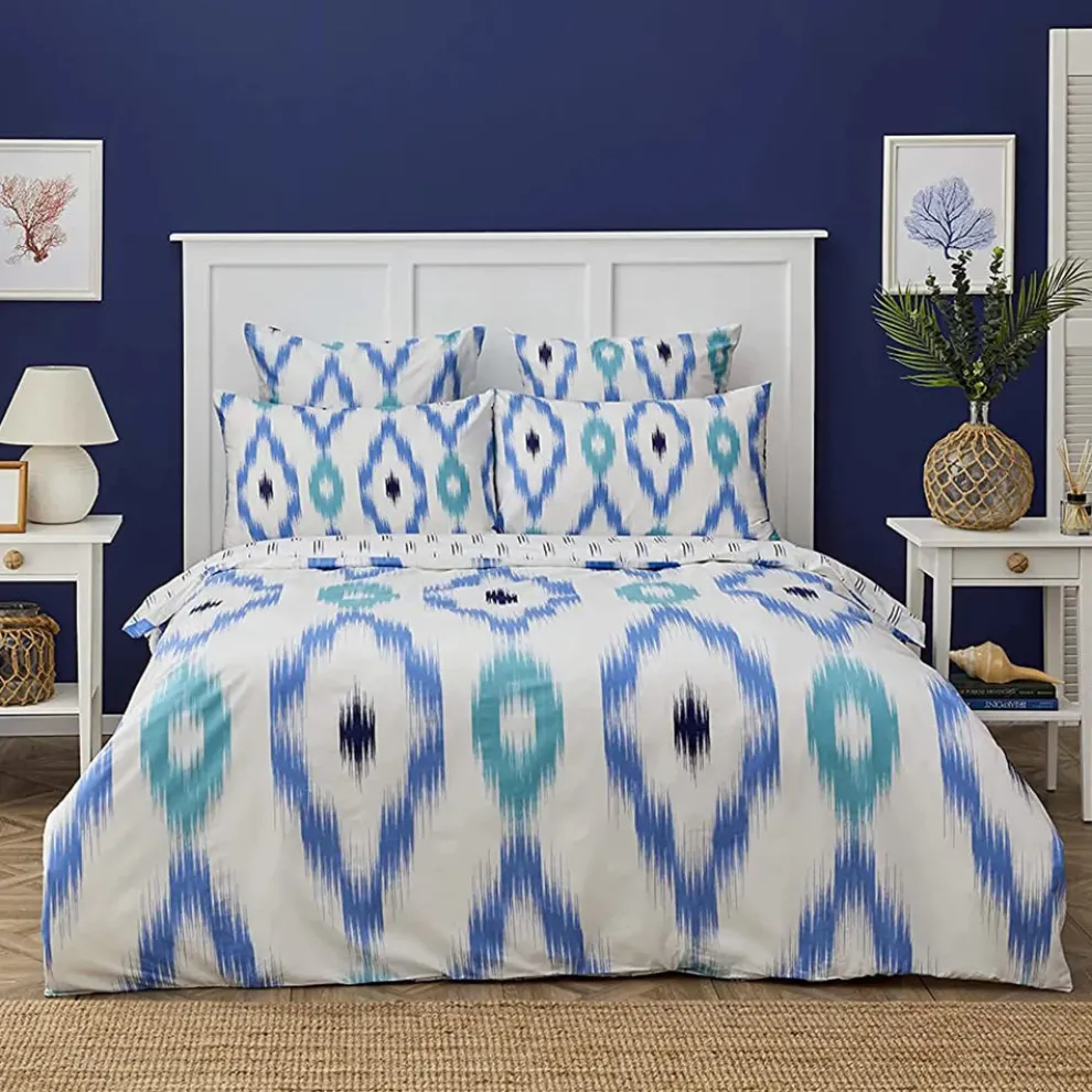 Nautica Home Ikat 100% Cotton Duvet Cover Set, King, 230cmx220cm, White Blue