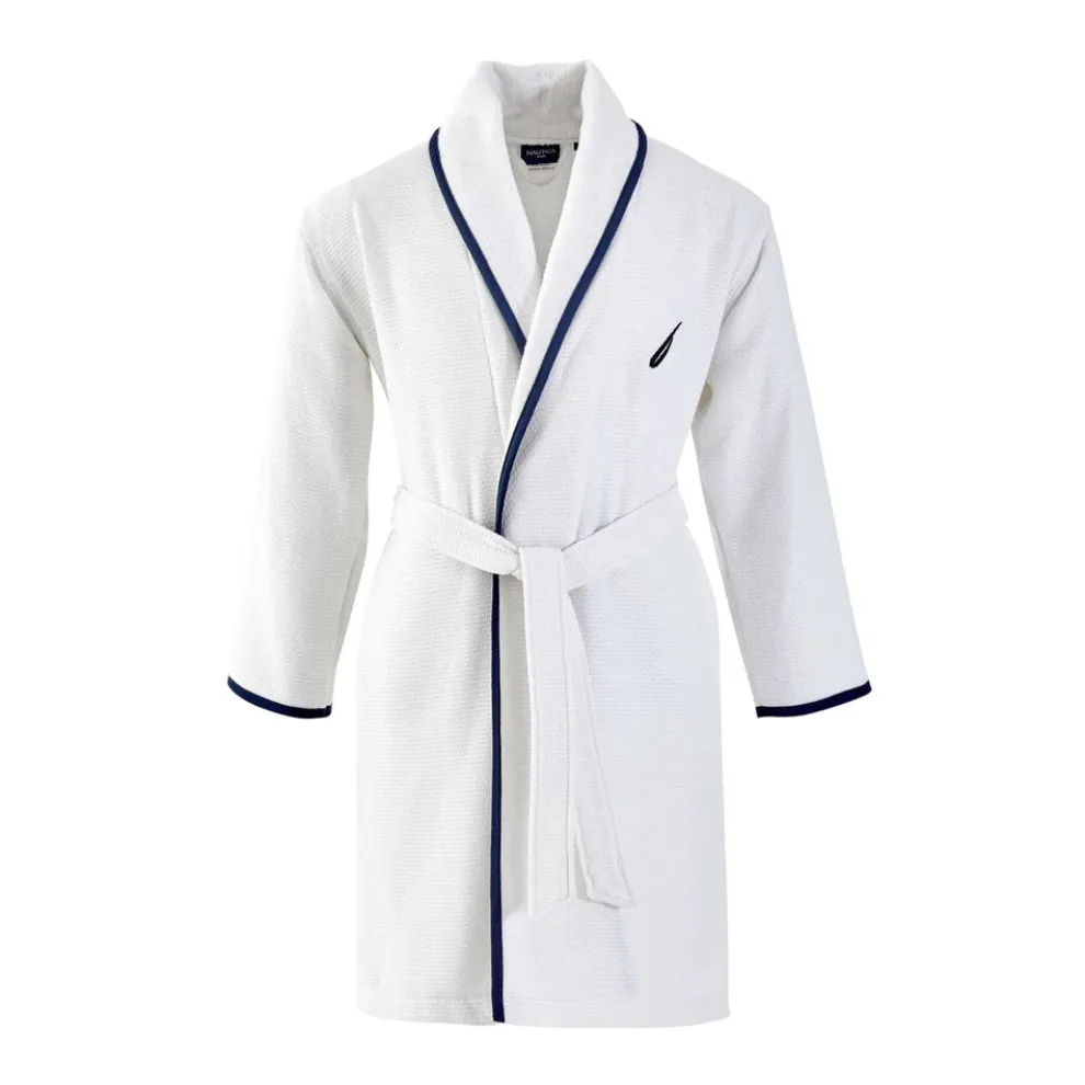 Nautica Home Marlin 100% Turkish Cotton Bathrobe, Medium, White Navy Blue