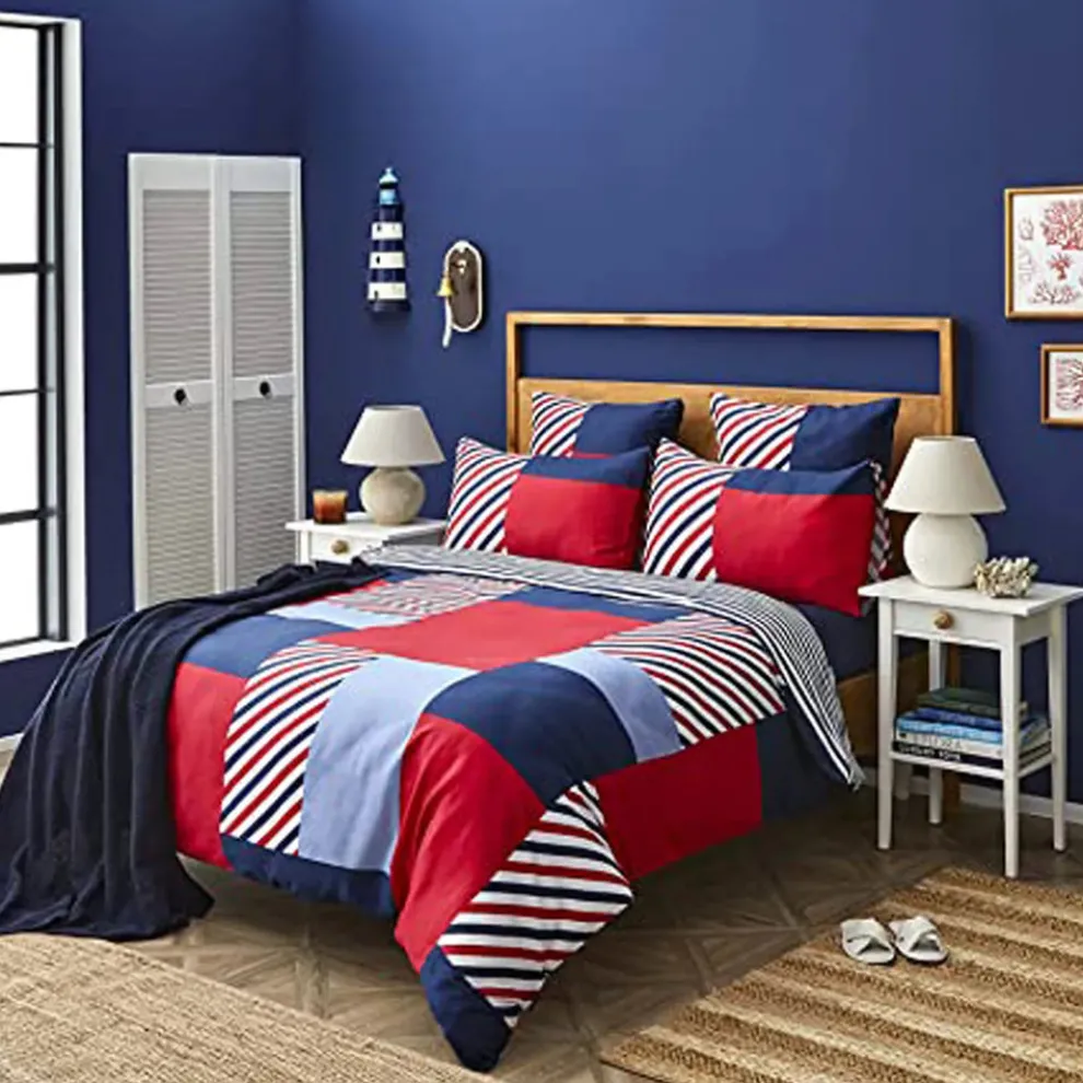 Nautica Home Morris 100% Cotton Duvet Cover Set, Super King, 260cmx220cm, Navy Blue Multi