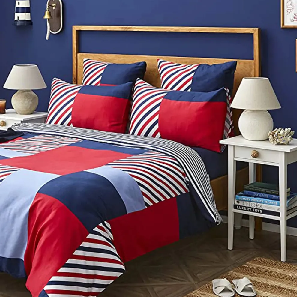 Nautica Home Morris 100% Cotton Duvet Cover Set, Super King, 260cmx220cm, Navy Blue Multi