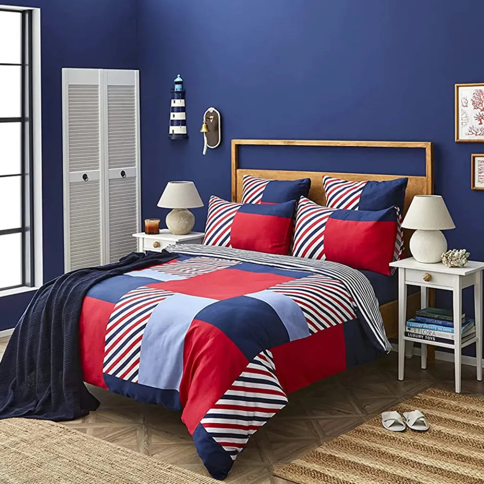 Nautica Home Morris 100% Cotton Duvet Cover Set, King, 230cmx220cm, Navy Blue Multi
