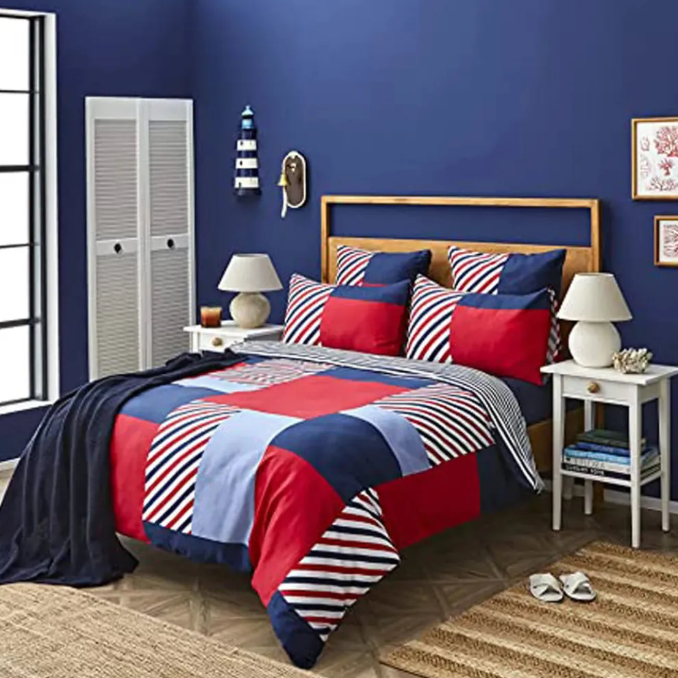 Nautica Home Morris 100% Cotton Duvet Cover Set, Single, 140cmx200cm, Navy Blue Multi