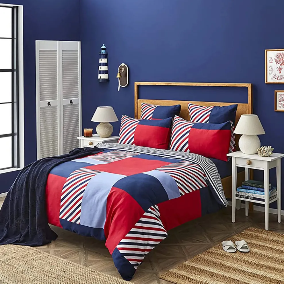 Nautica Home Morris 100% Cotton Duvet Cover Set, Double, 200cmx200cm, Navy Blue Multi