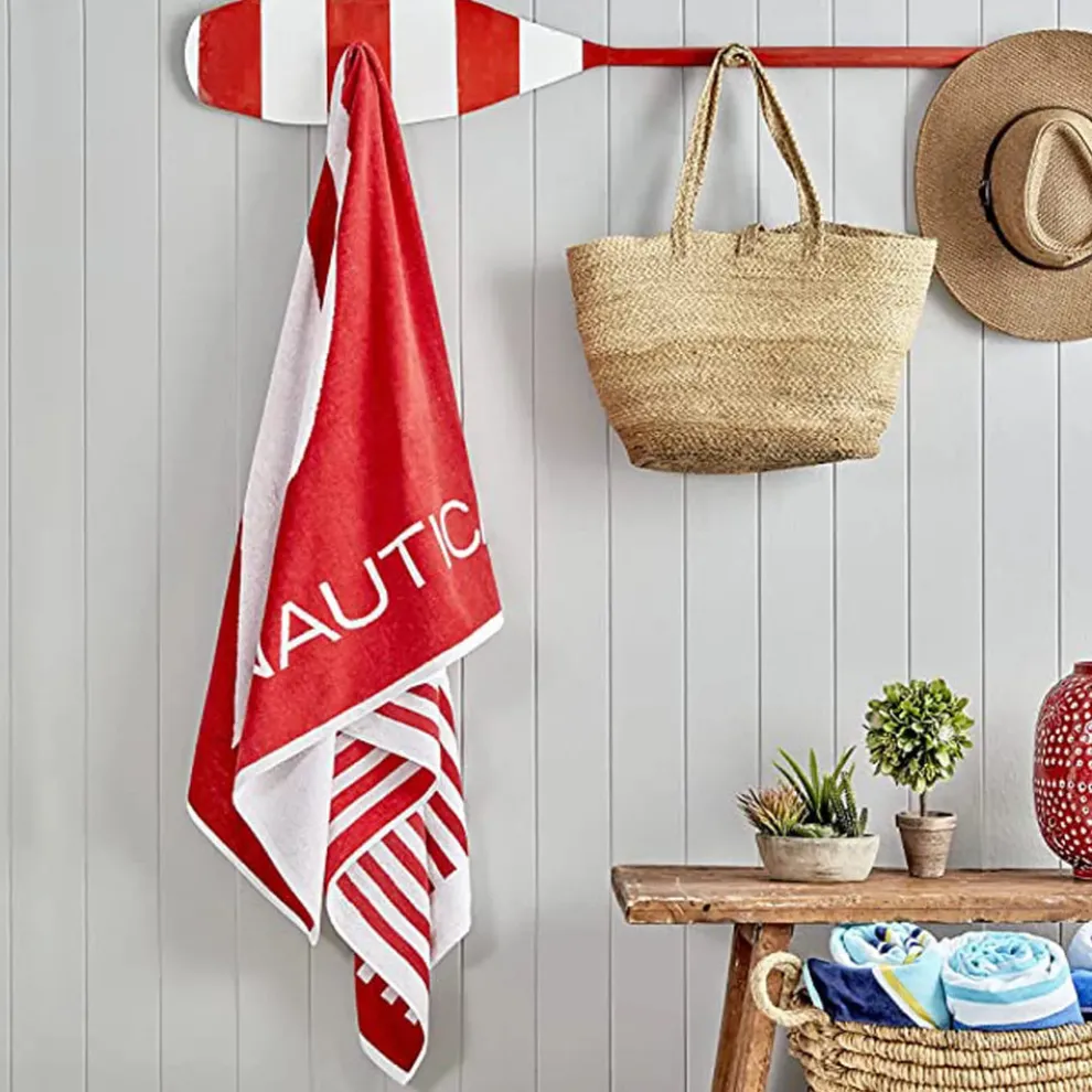 Nautica Home Stripe J 100% Turkish Cotton Beach Towel, 90cmx180cm, Red Multi