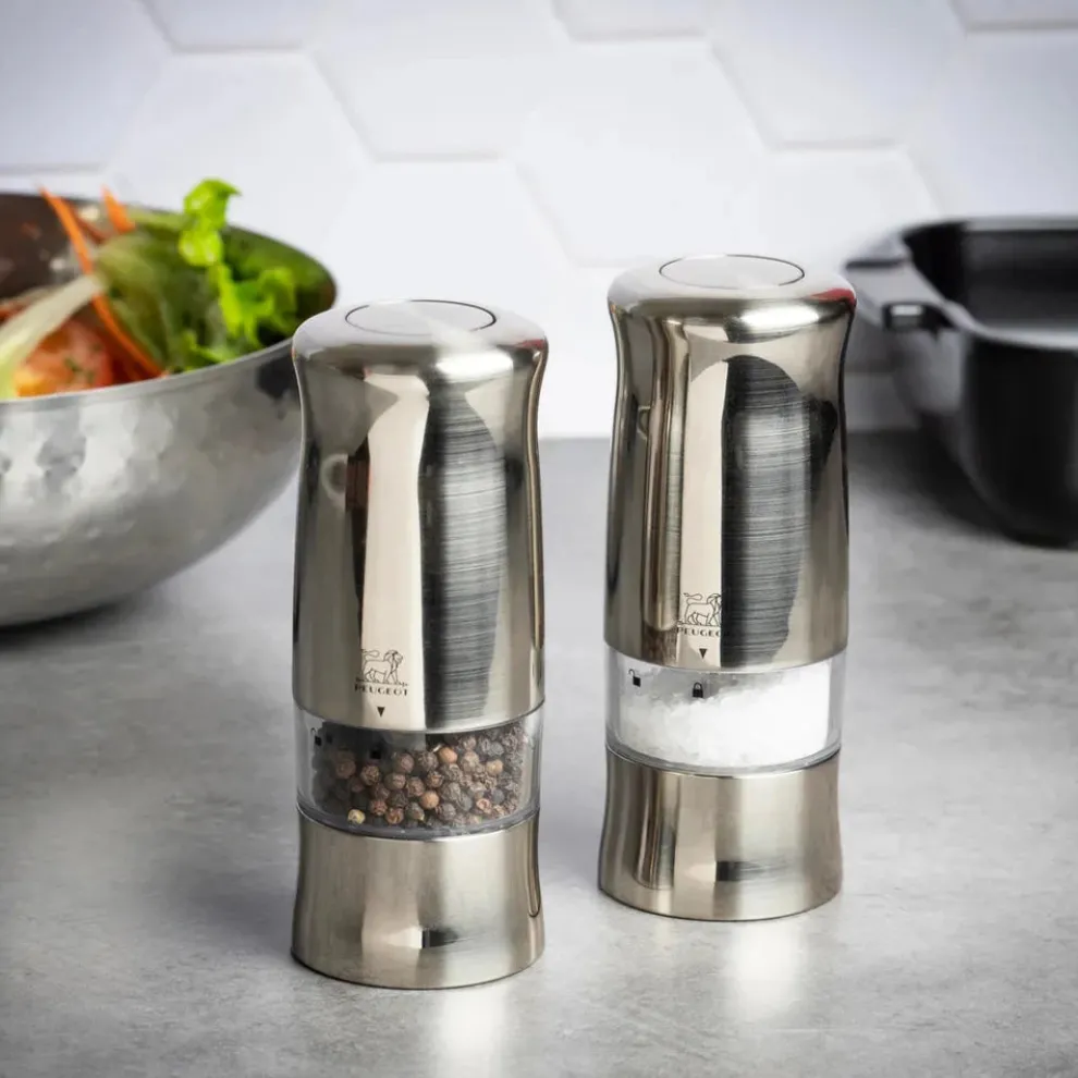 Peugeot Zeli 2 Piece Electric Stainless Steel Salt and Pepper Grinder, 14cm, Silver