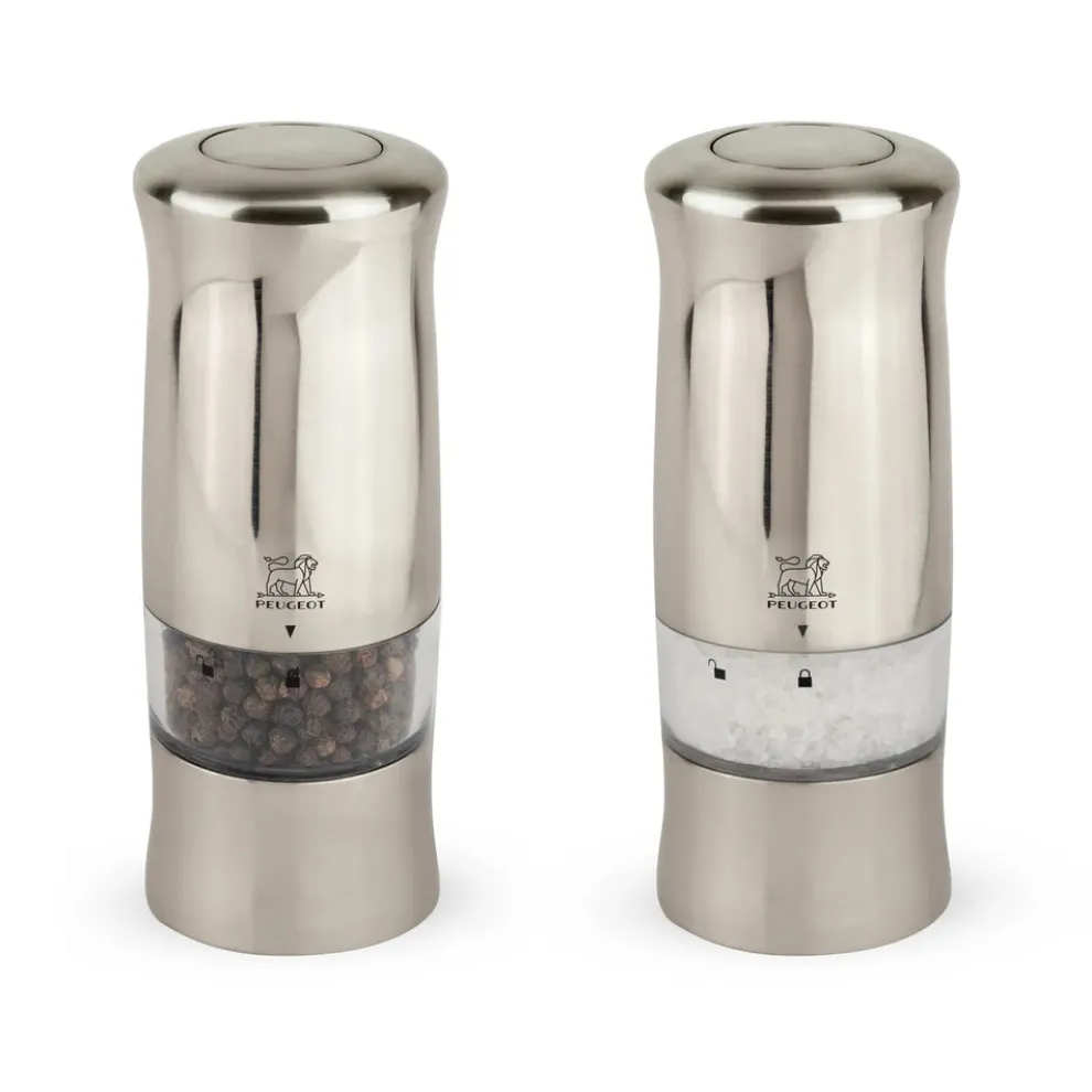 Peugeot Zeli 2 Piece Electric Stainless Steel Salt and Pepper Grinder, 14cm, Silver