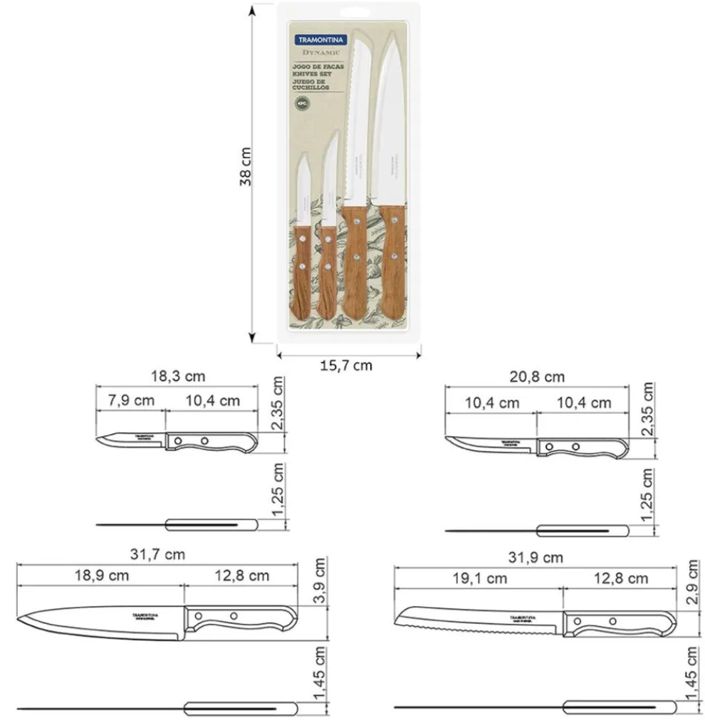 Tramontina 4-Piece Stainless Steel Kitchen Knife Set, Grey